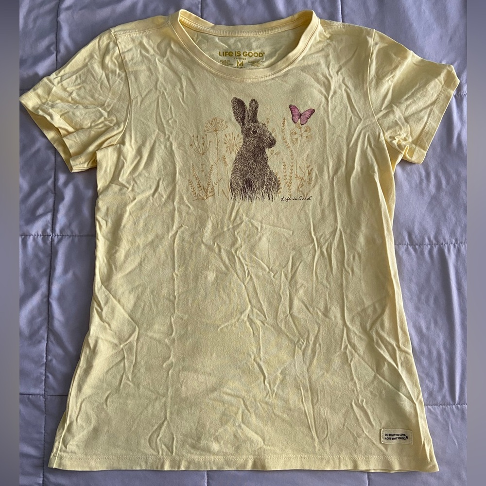 Life is Good Bunny Rabbit Butterfly Yellow Crusher Med Women's Crew Neck T Shirt
